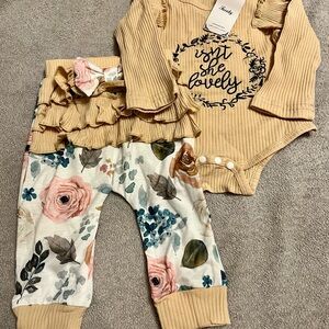 3 piece Tan and Floral Baby Outfit Set